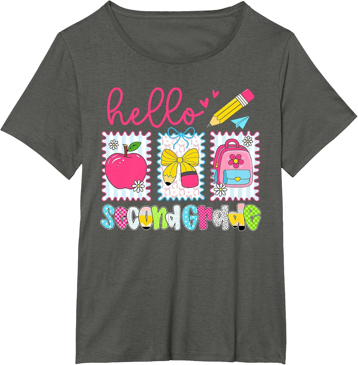 Preppy Hello Second Grade Team Back to School Teachers Kids T-Shirt, Women's Plus, Asphalt Grey, 3X - As Pictured