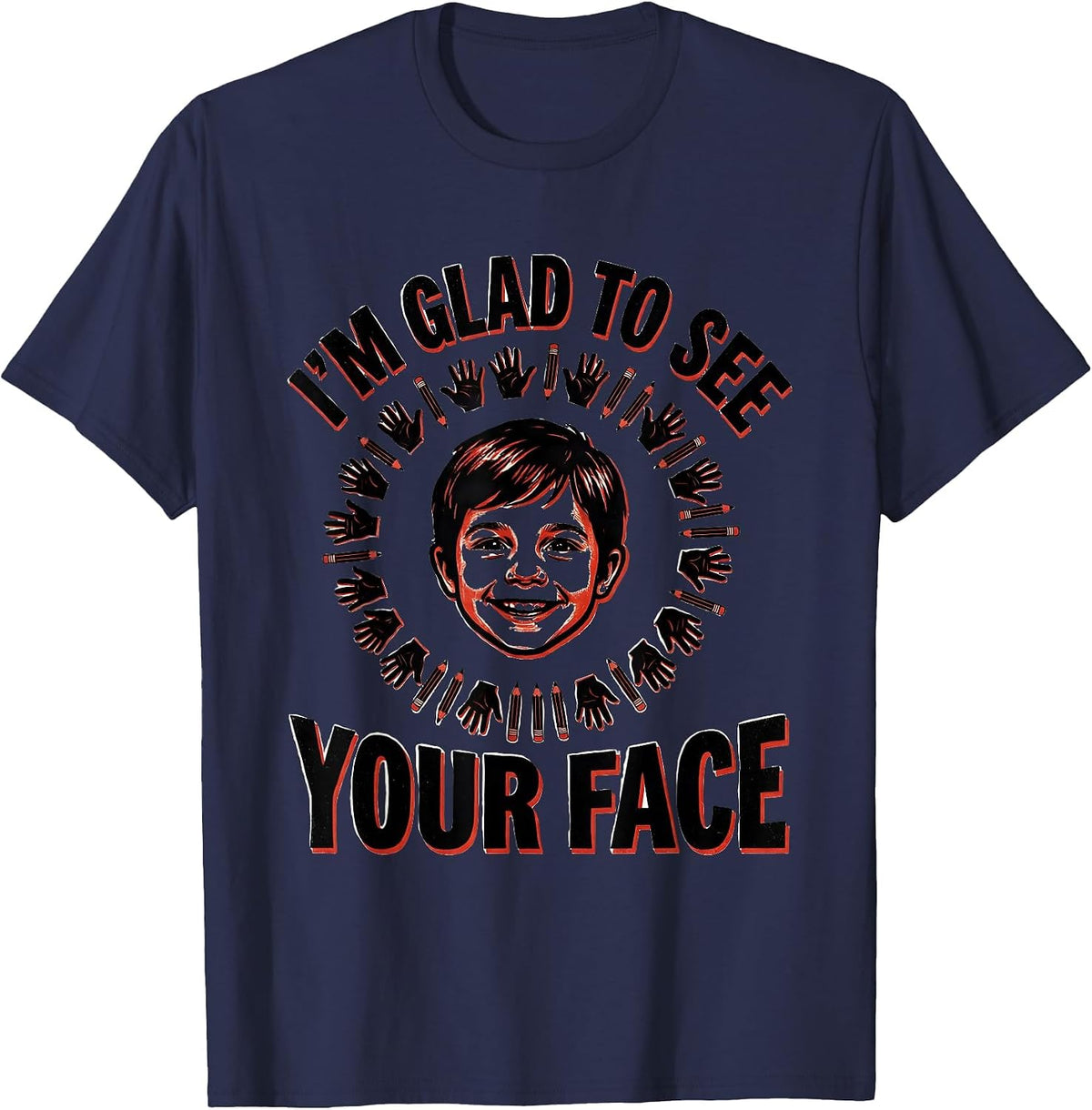 Men's I'm Glad To See Your Face Happy Teacher Back to School T-Shirt - Navy Blue