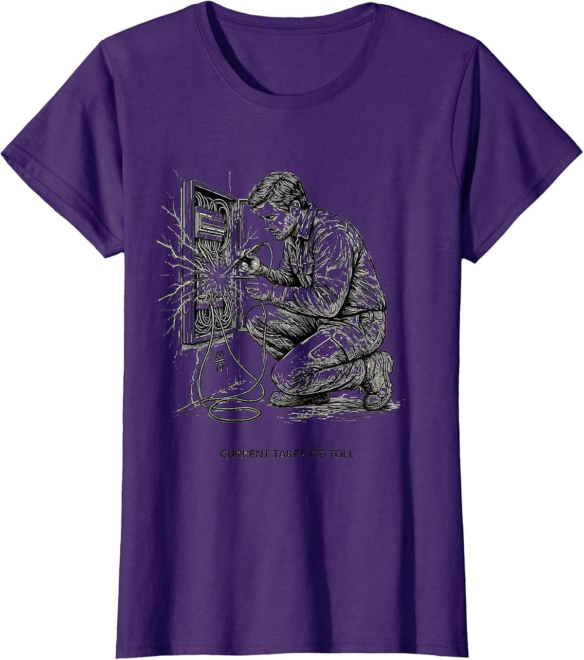 Women's Current Takes Its Toll Funny Electrician Lineman Trade Humor T-Shirt - Purple