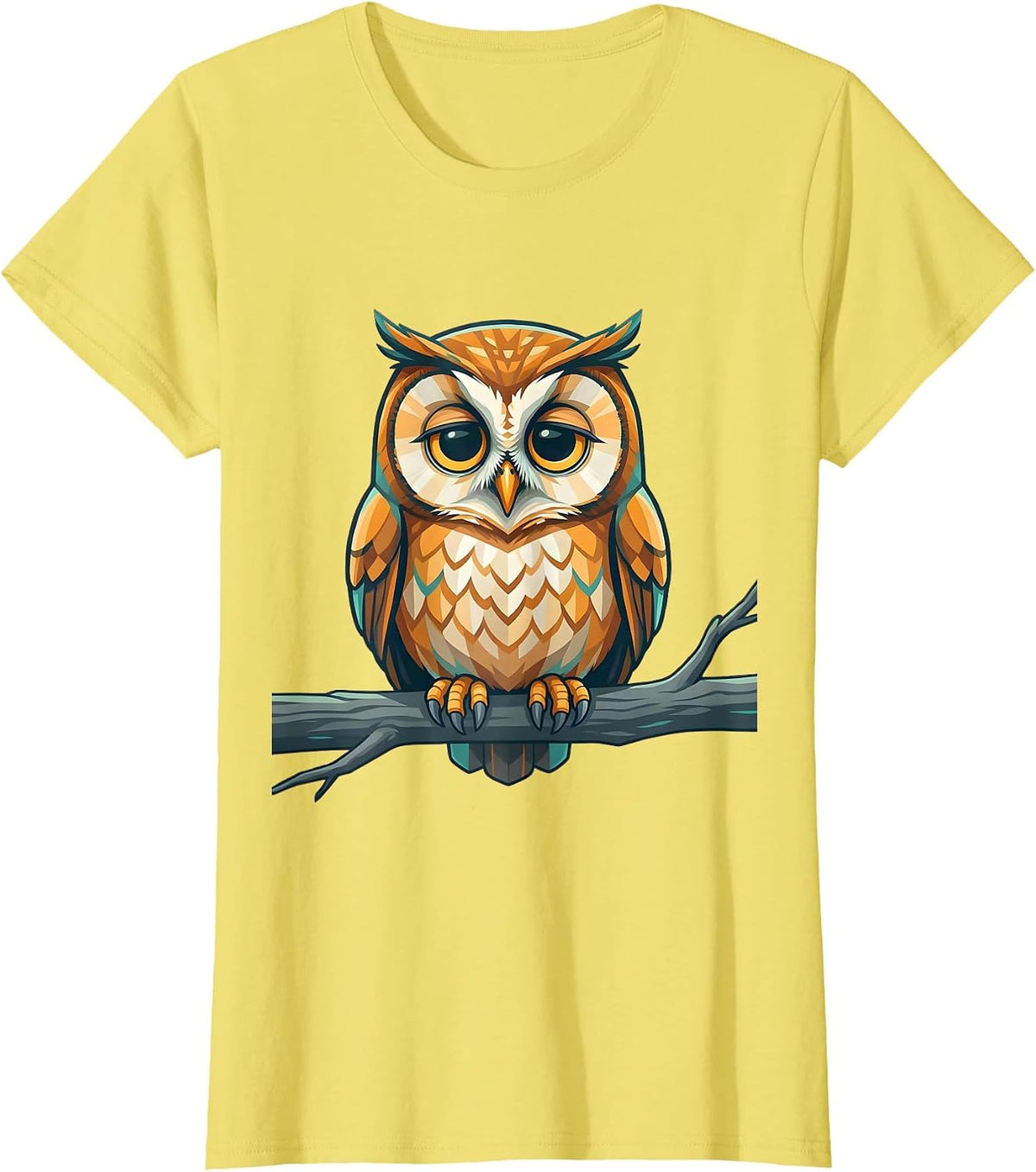 Sleepy Owl on Branch Blinking Illustration T-Shirt - Lemon Yellow