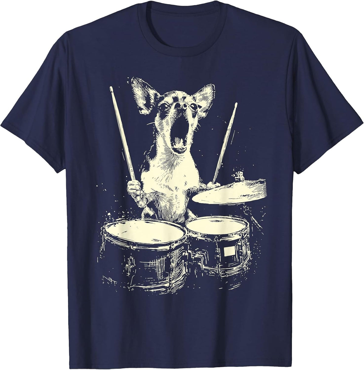 Cute Chihuahua Playing Drums Funny Music Dog Drummer Graphic T-Shirt - Navy Blue