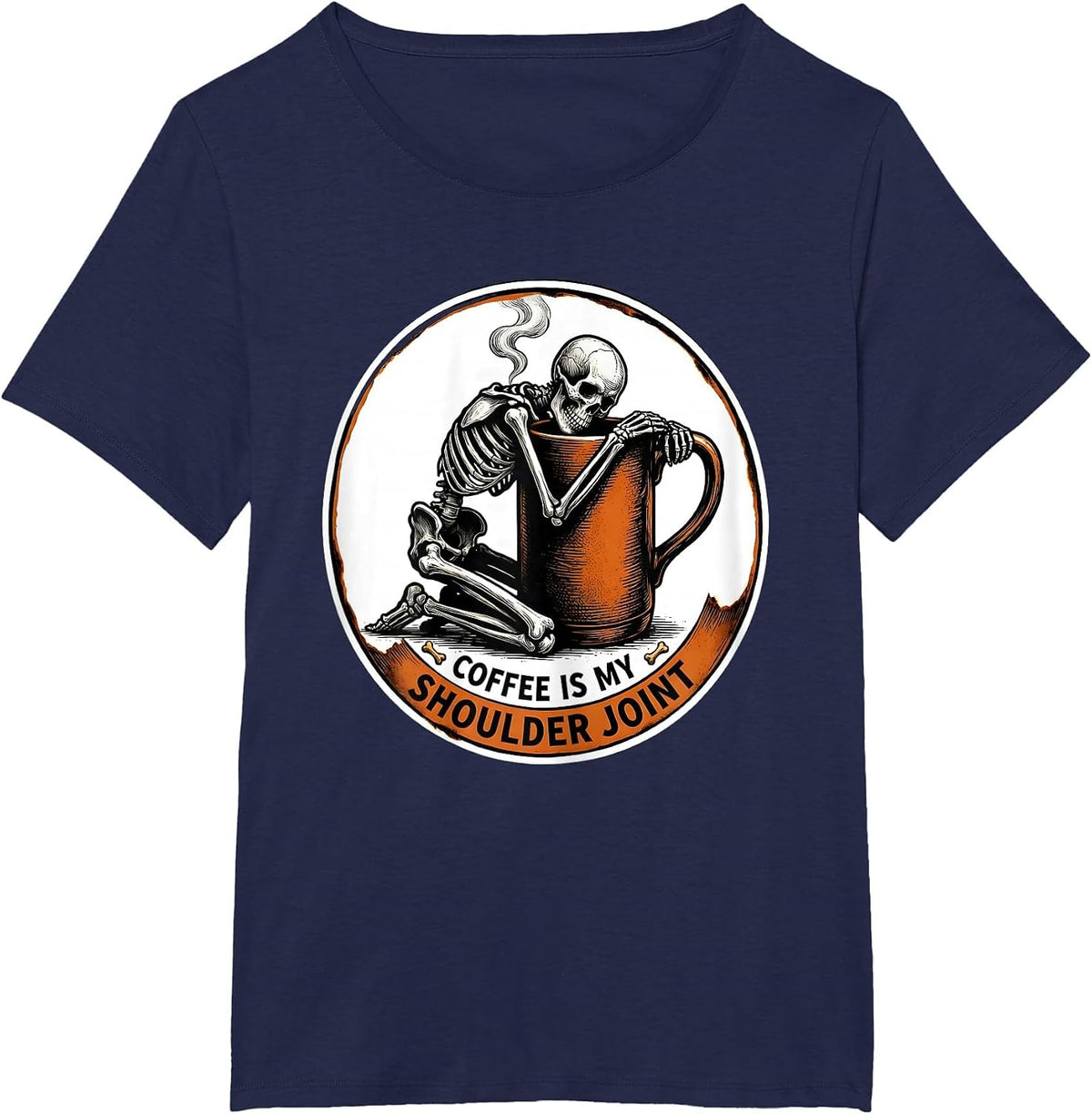 Women's Coffee Is My Shoulder Joint Whimsical Dry Humor Halloween T-Shirt - Navy Blue