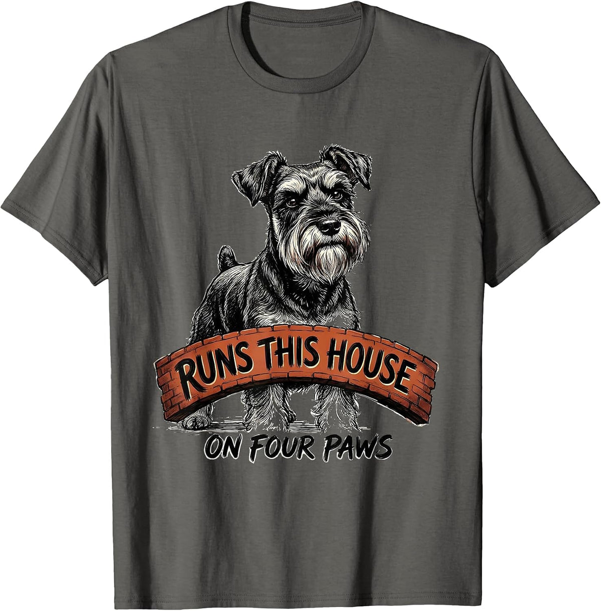 Runs This House On Four Paws Funny Miniature Schnauzer Lover T-Shirt - Asphalt Grey