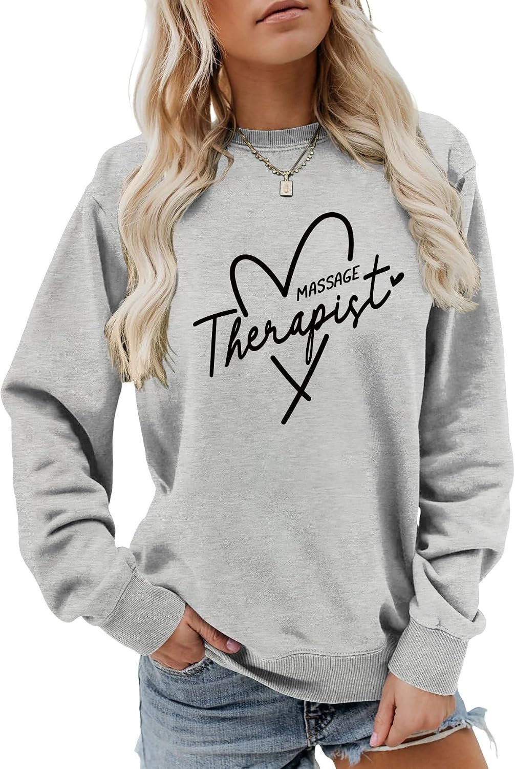 Massage Therapist Sweatshirt for Women Heart Graphic Massage Therapy Shirt Crew Neck Sweater - Grey