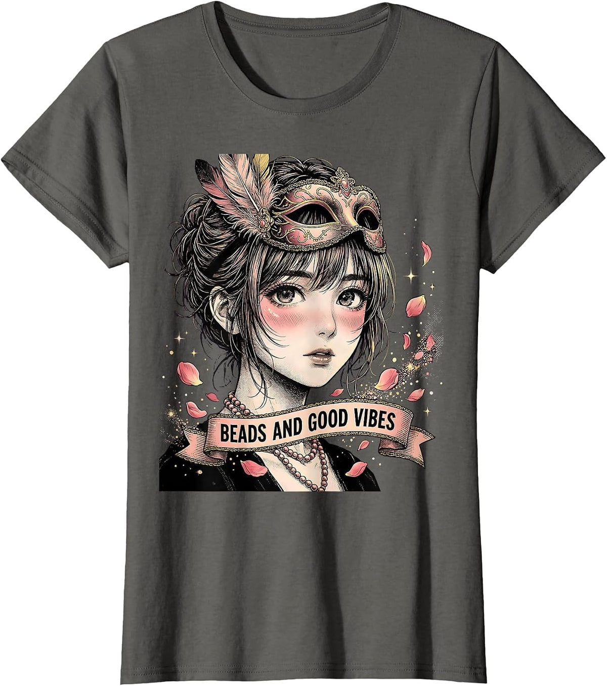 Women's Beads and Good Vibes Mardi Gras Design T-Shirt - Asphalt Grey