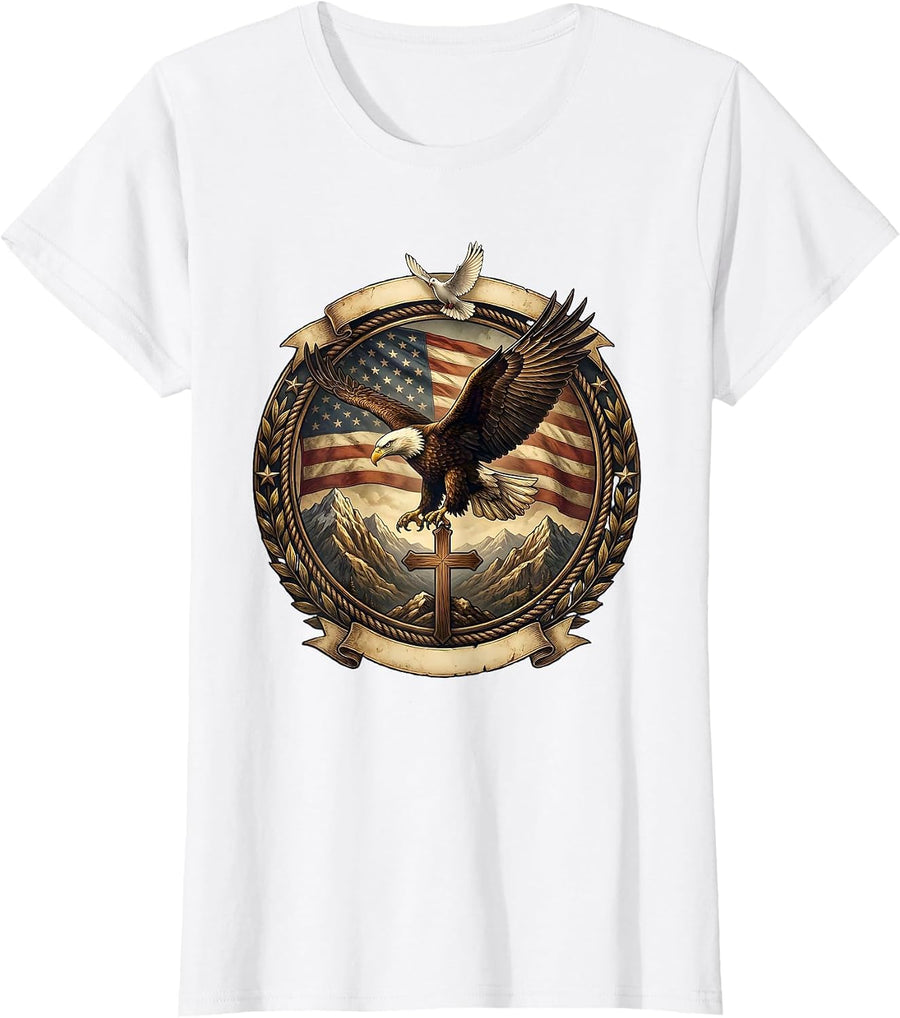 Women's Bald Eagle Soaring Over Mountain Peaks T-Shirt - White