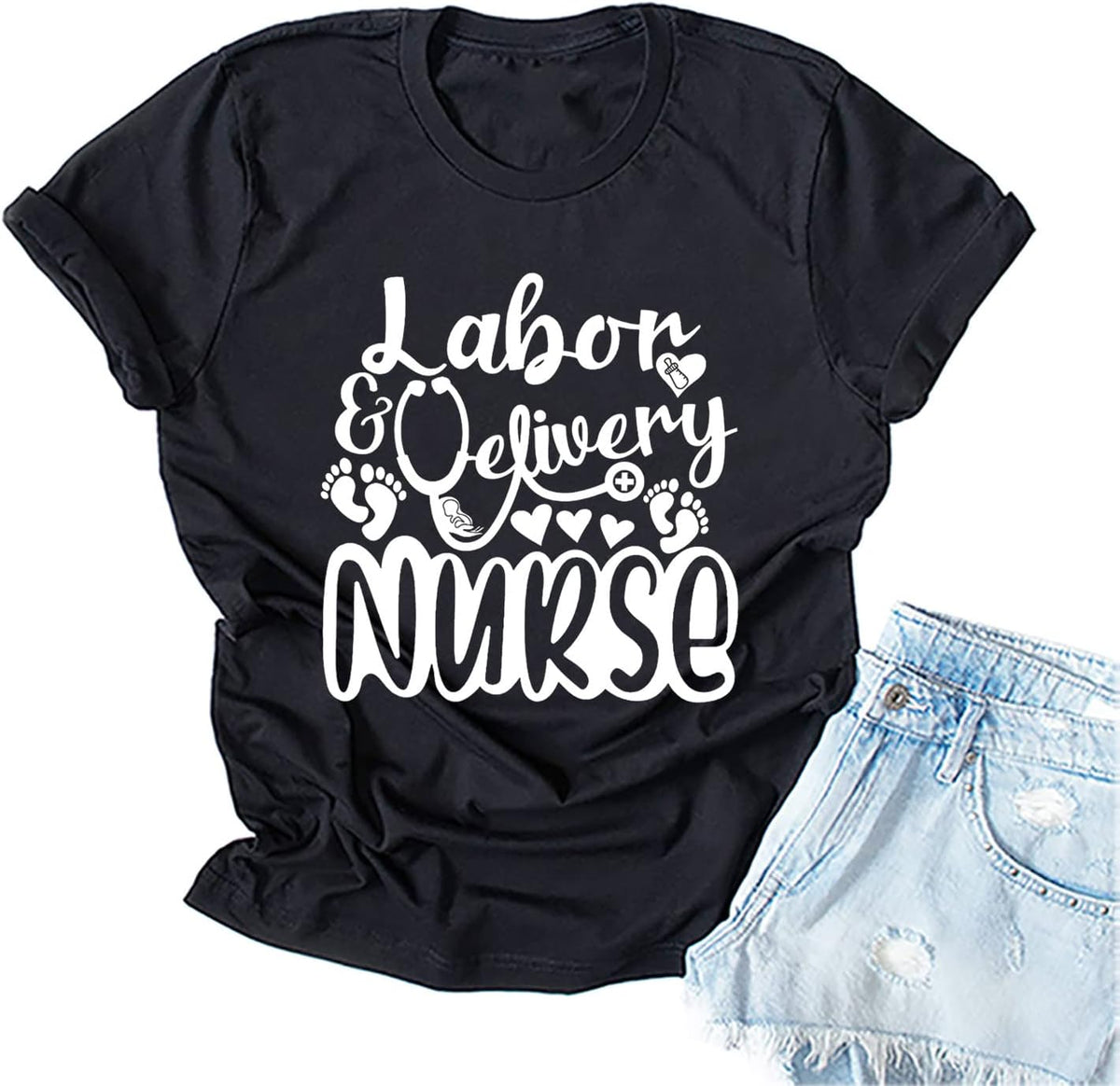 Nurse Shirts for Women Labor and Delivery Nurse T-Shirt Casual Short Sleeves Tees for Nurse - Black