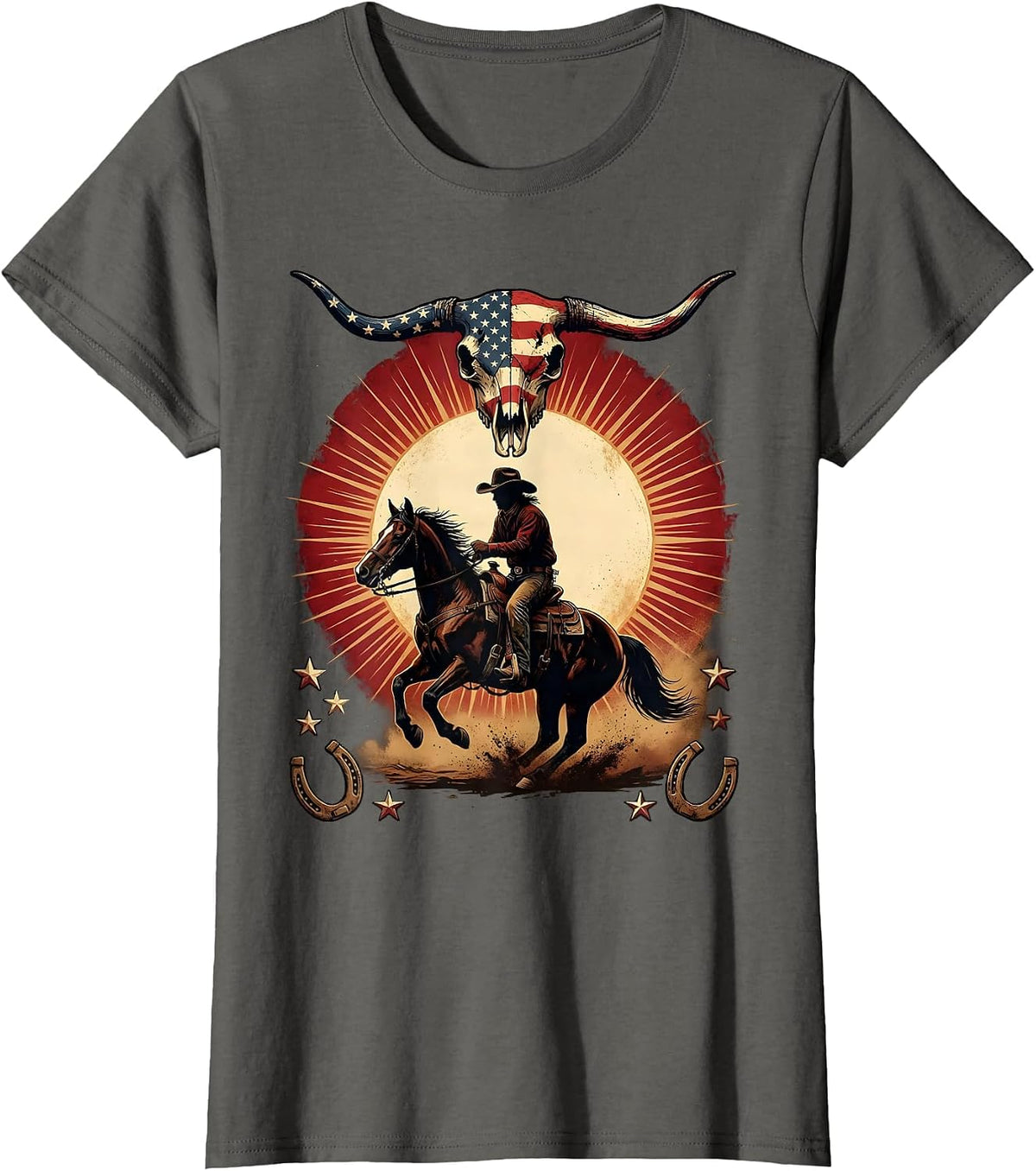 Women's Cowboy Silhouette Riding Horse at Dusk T-Shirt - Asphalt Grey