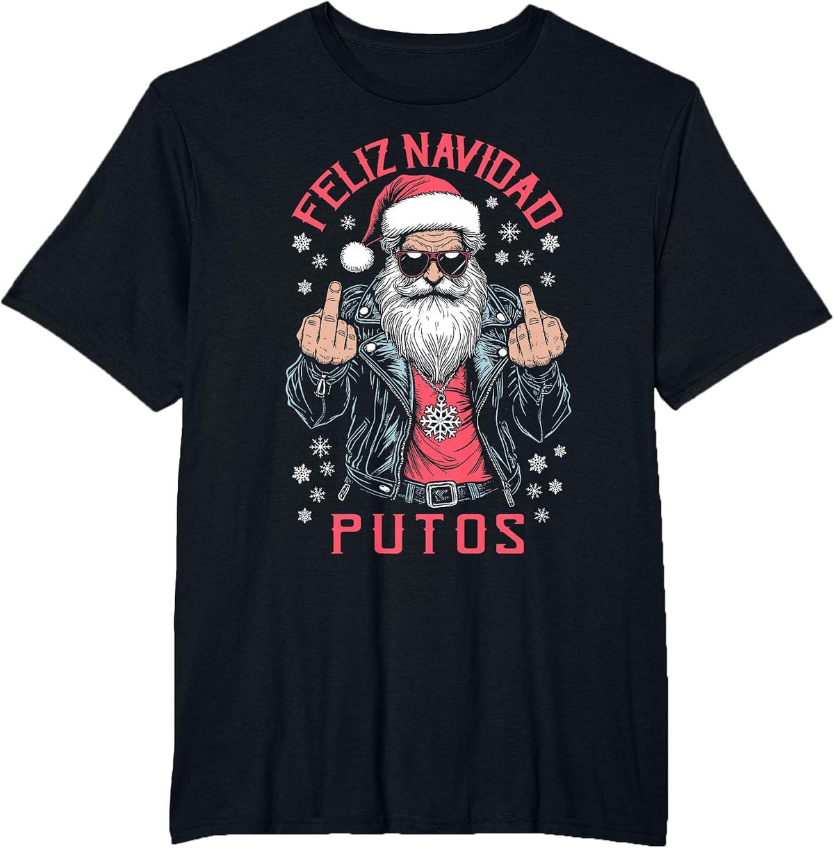Feliz Navidad Putos Funny Rude Spanish Santa Middle Finger T-Shirt - Black