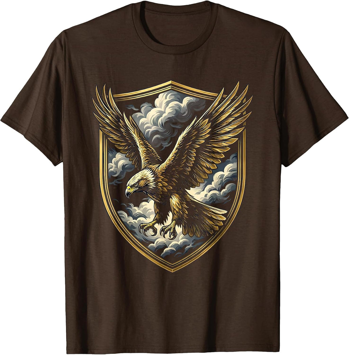 Falcon Diving Through Storm Clouds Illustration T-Shirt - Brown