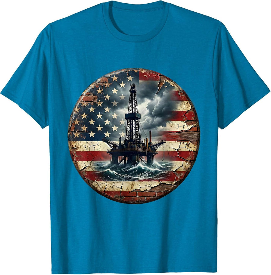 Oil Rig Storm Labor Day Graphic Tee T-Shirt - Sapphire Blue