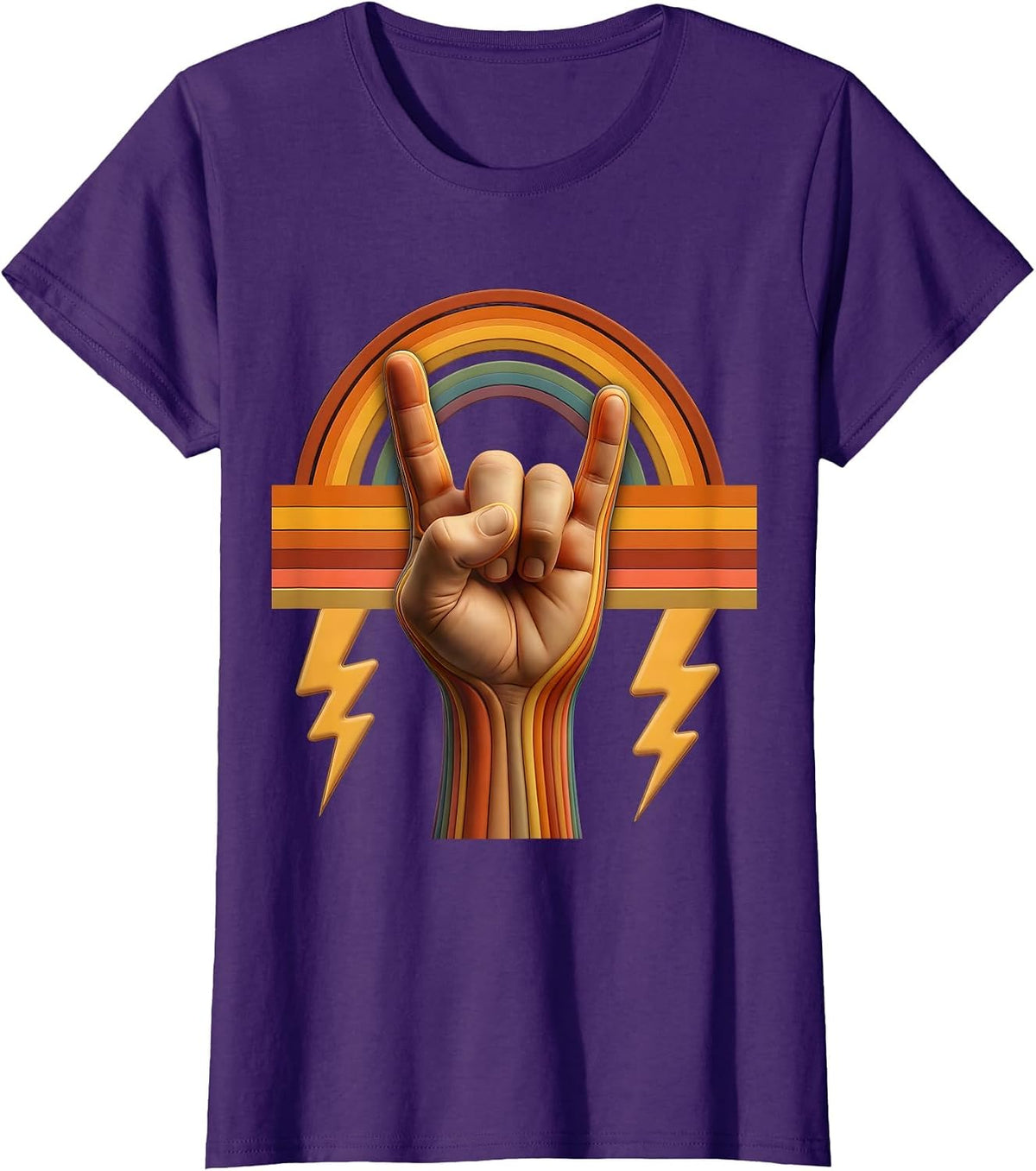80s Rock Metal Horns Hand Sign Lightning Bolt T-Shirt - Purple