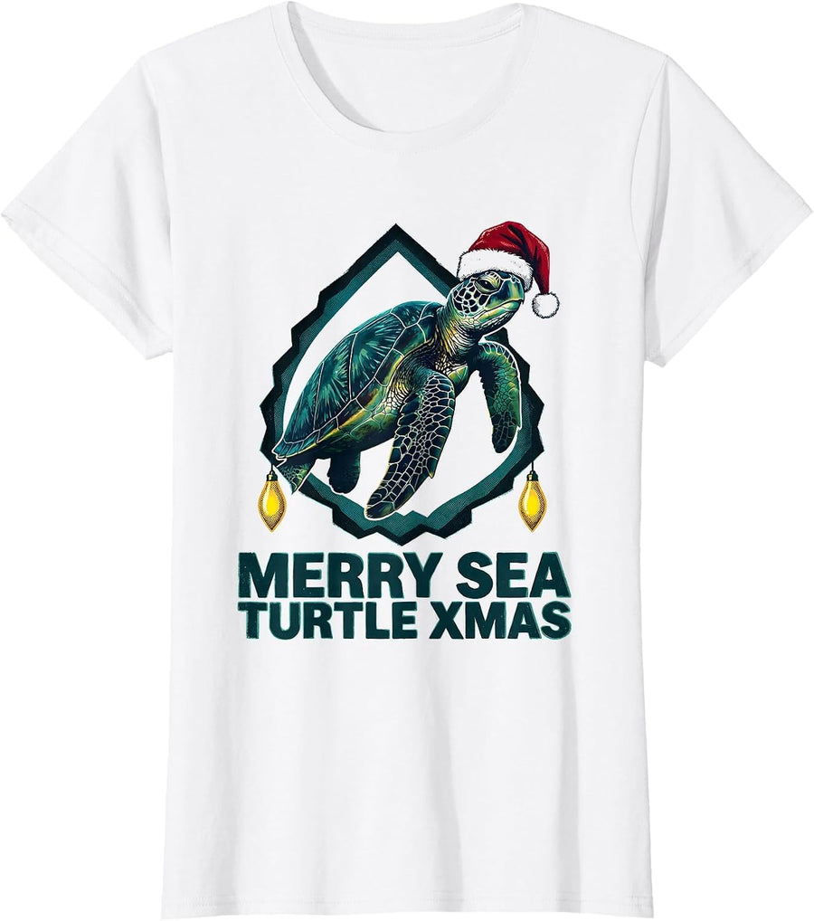 Women's Merry Sea Turtle Xmas Risograph Sea Turtle Lover Holiday T-Shirt - White