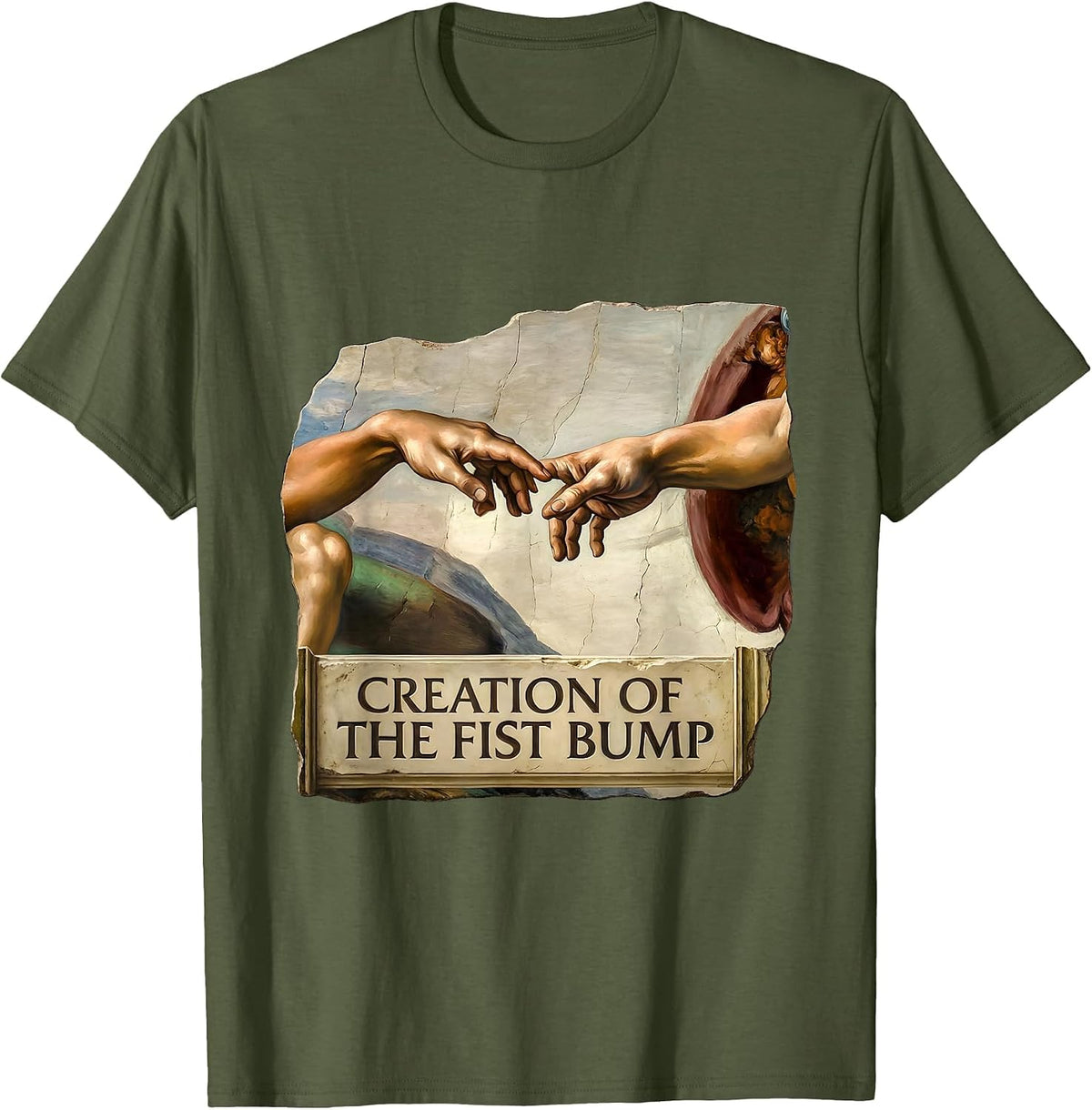 Creation Of The Fist Bump Art History Parody Humor Gift T-Shirt - Olive Green