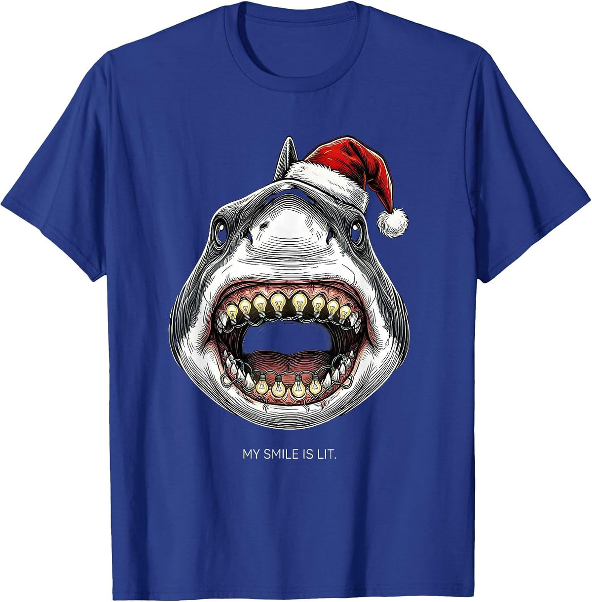 Men's My Smile Is Lit Funny Shark Santa Hat Christmas Lights Humor T-Shirt - Royal Blue