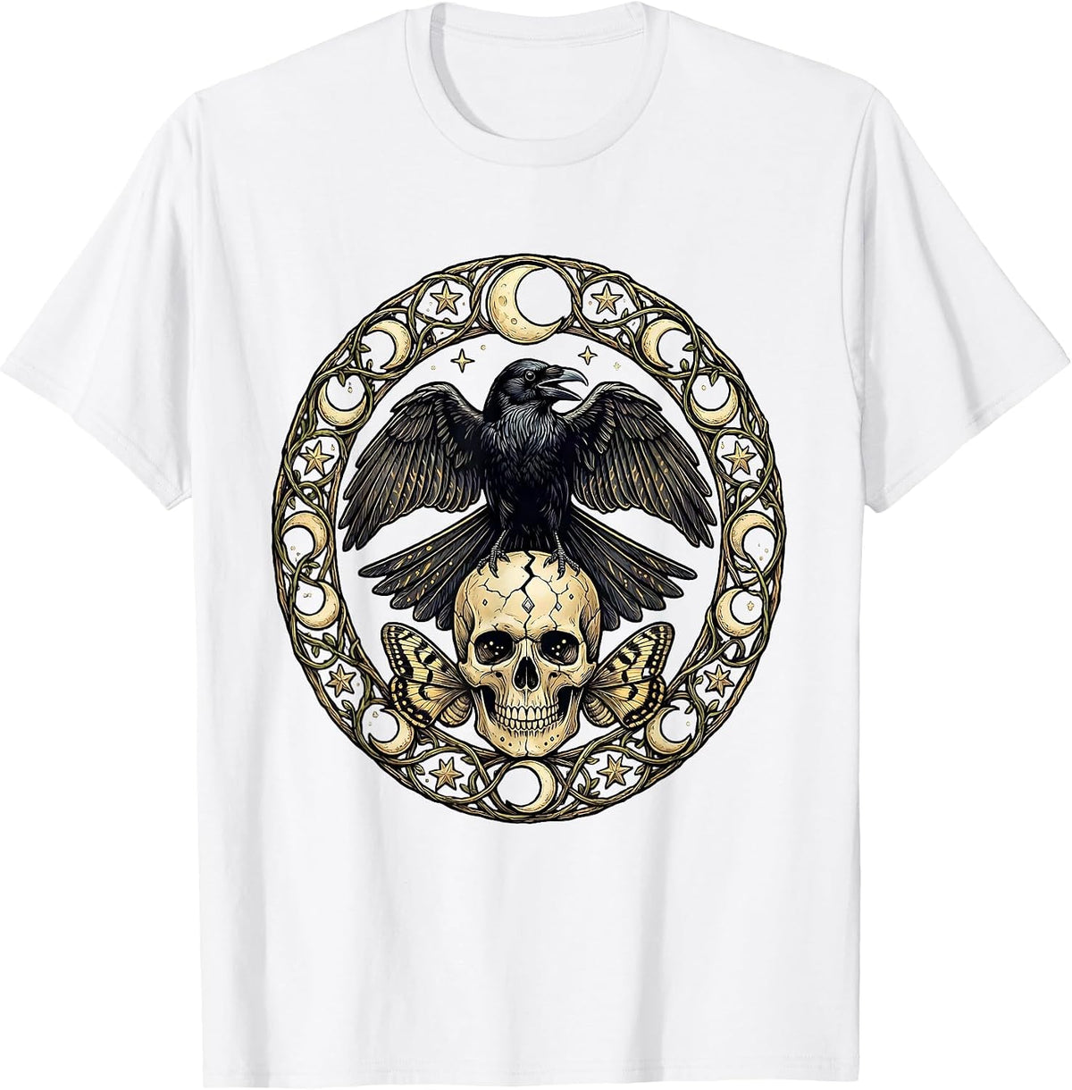 Men's Raven on Skull Halloween Gothic Dark Art T-Shirt - White