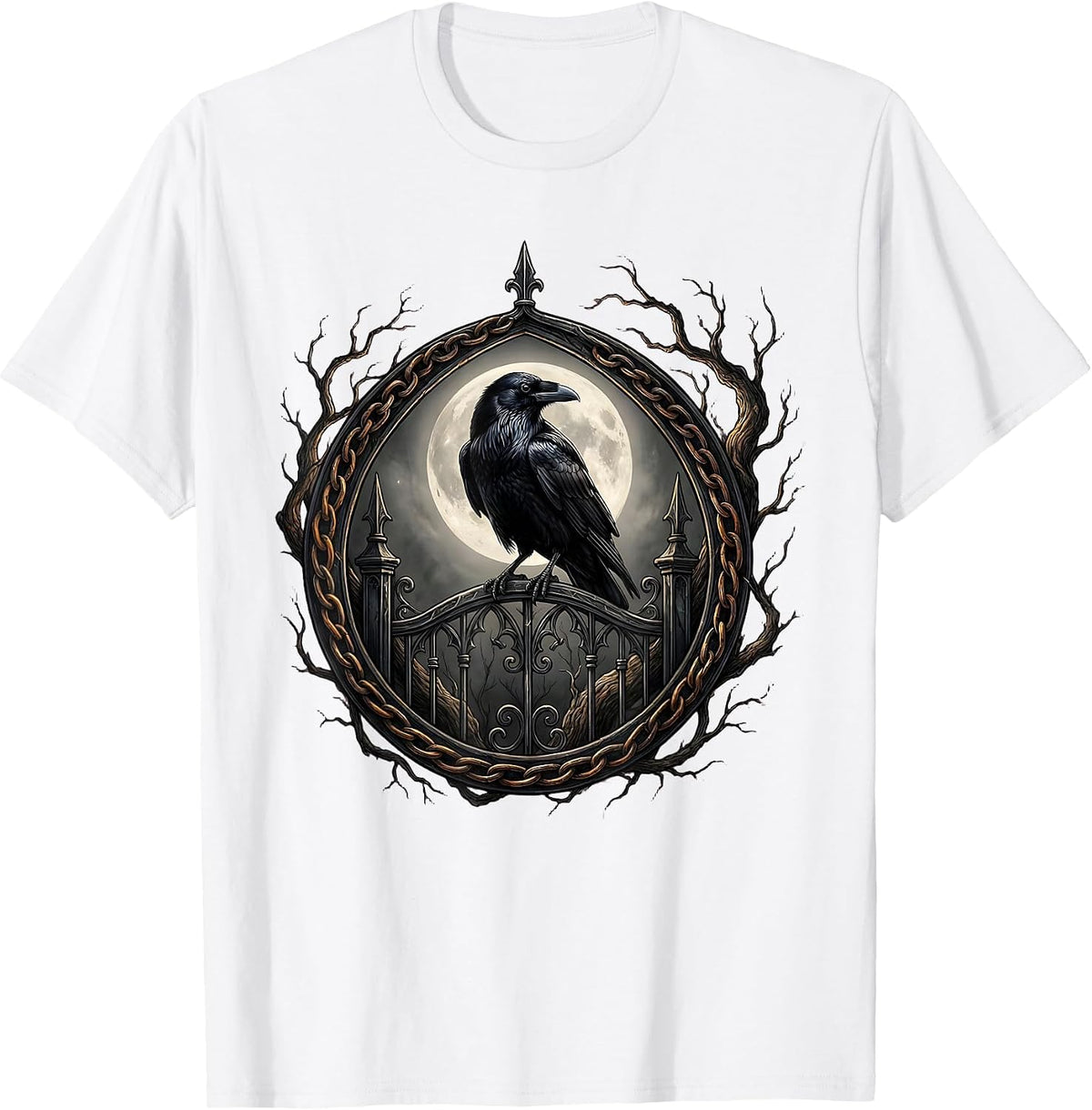 Men's Raven on Gothic Iron Gate Halloween Design T-Shirt - White