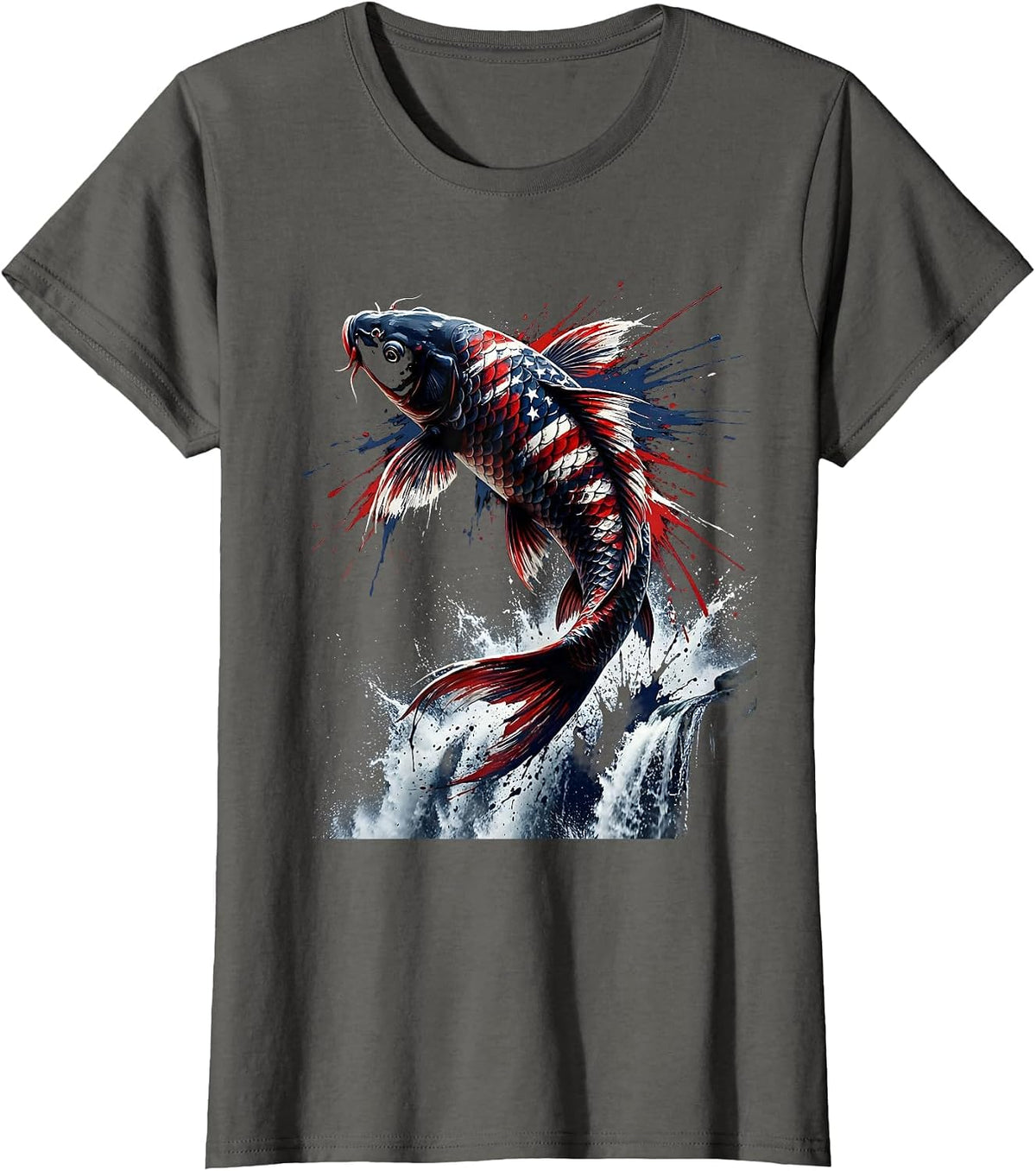 Women's Koi Fish Leaping Waterfall Nature Illustration T-Shirt - Asphalt Grey