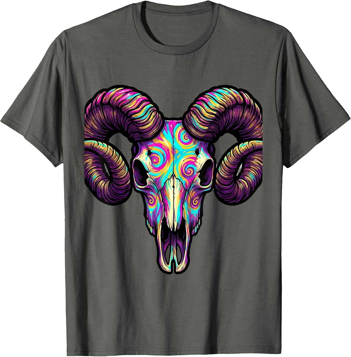 Tie Dye Ram Skull with Curling Horns Design T-Shirt - Asphalt Grey