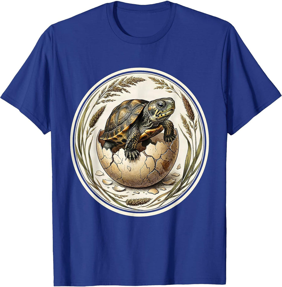 Tiny Turtle Hatching From Glowing Egg Illustration T-Shirt - Royal Blue
