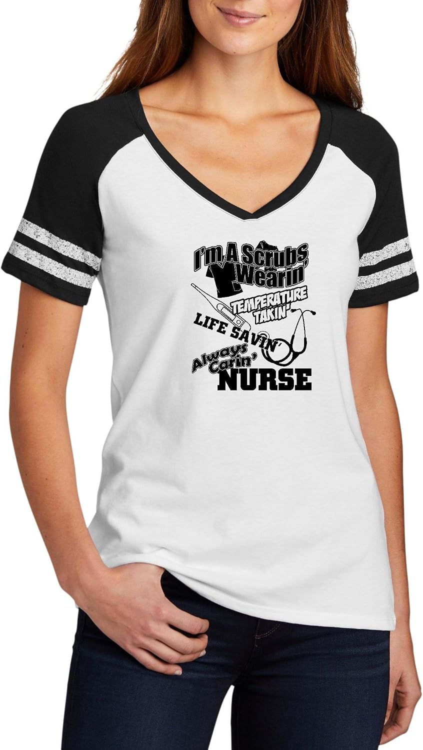 Funny Nurse Quote Graphic Top Scrubs Wearin' Temperature Takin' Life Savin' Nurse Design Ladies Game Day V-Neck Tee - Ladies