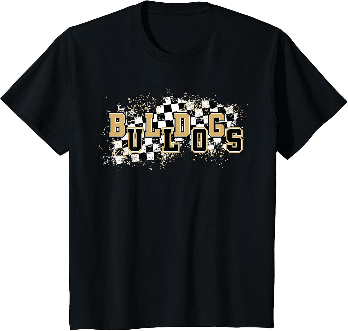 Bulldogs Checkered Print School Spirit Game Day Bulldog Gold T-Shirt - Black