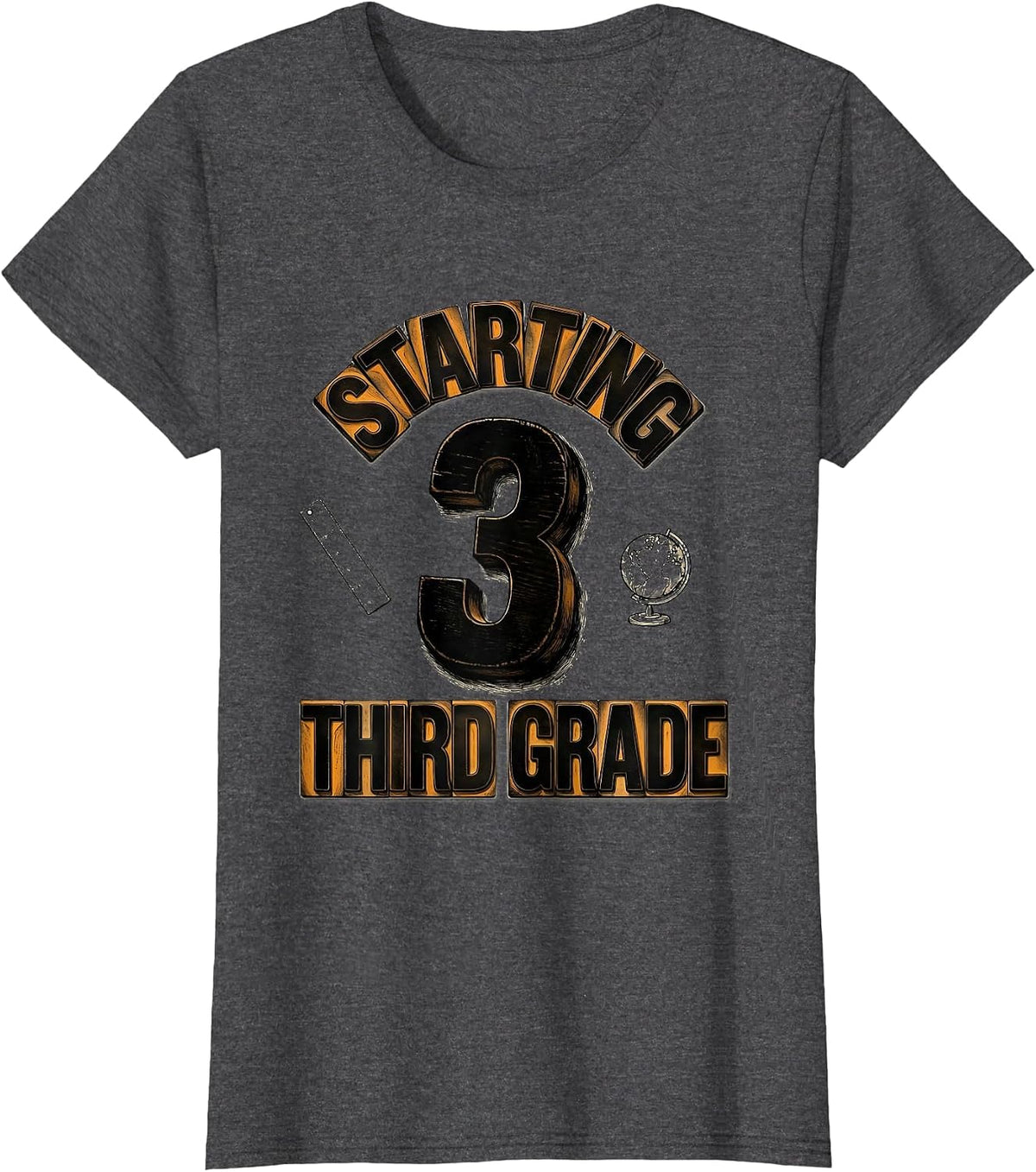Women's Starting Third Grade Wood Type Letterpress Back To School T-Shirt - Dark Heather Grey