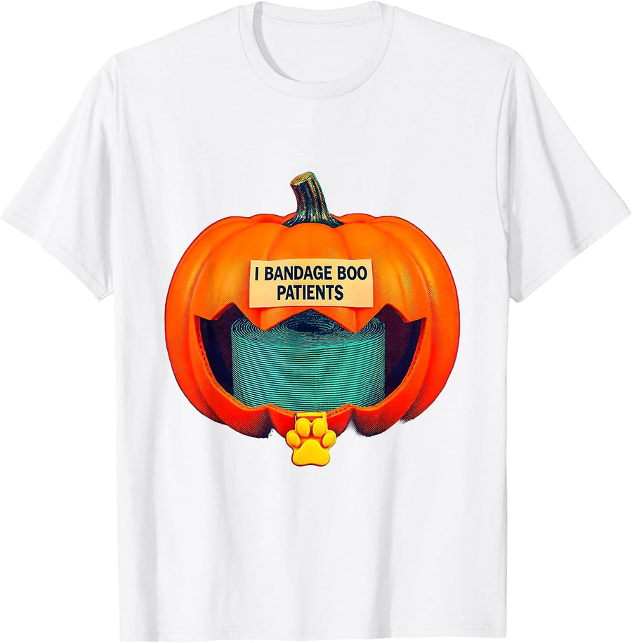 Men's I Bandage Boo Patients Risograph Vet Tech Halloween Humor T-Shirt - White