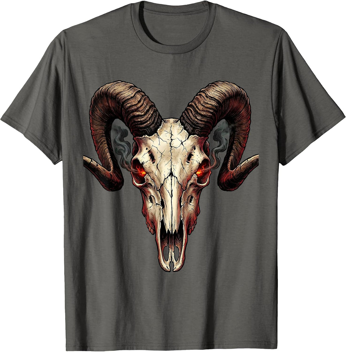 Demonic Goat Skull Glowing Eyes Heavy Metal Art T-Shirt - Asphalt Grey