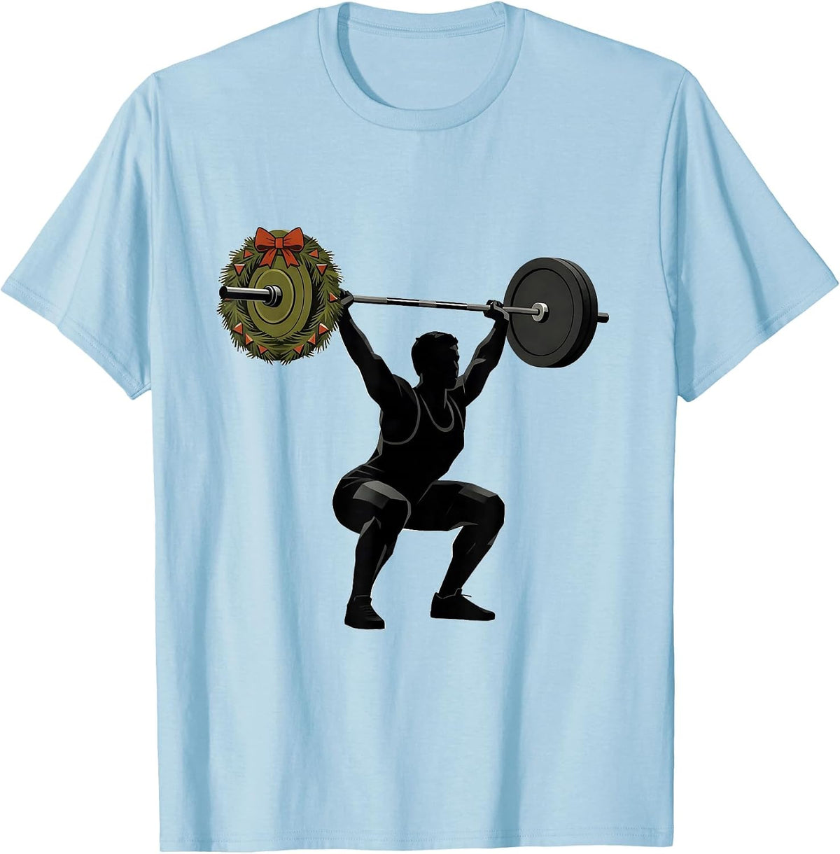 Men's Lifter Deadlift Evergreen Wreath Midcentury Modern Christmas T-Shirt - Baby Blue