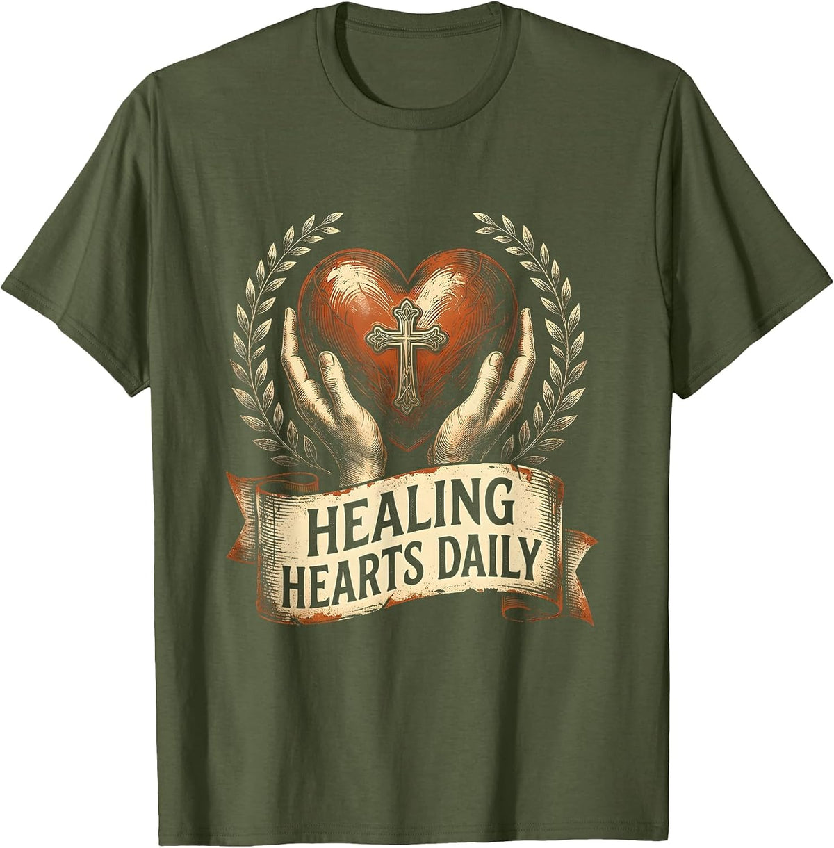 Healing Hearts Daily Hospice Nurse Design T-Shirt - Olive Green