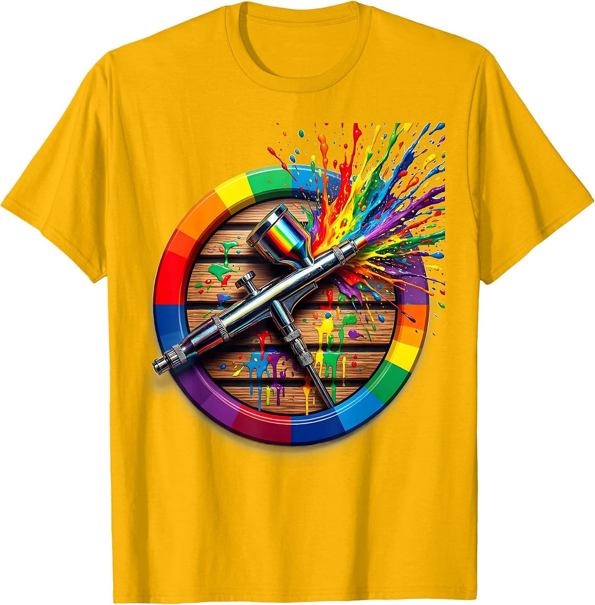Airbrush Artist Lone Brush on Paint-Stained Workbench T-Shirt - Golden Yellow