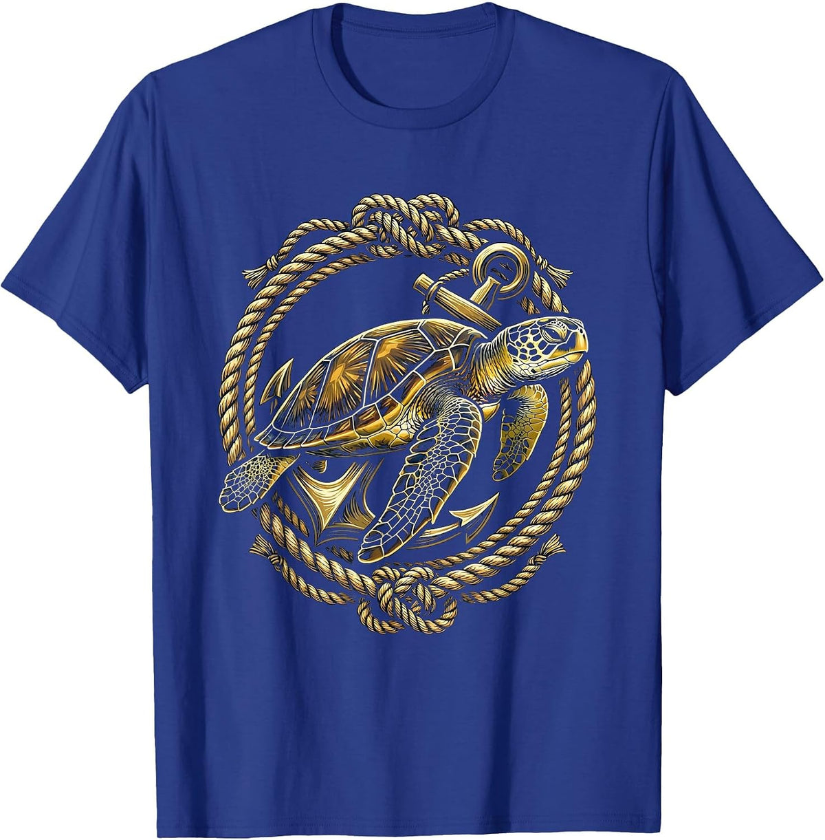 Sea Turtle and Drifting Anchor Ocean Art T-Shirt - Royal Blue