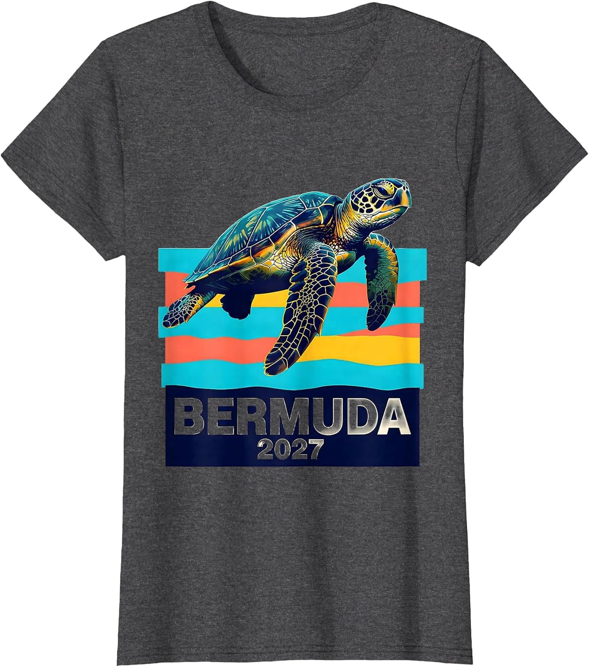 Women's Bermuda 2027 Screenprint Sea Turtle Tropical Vacation T-Shirt - Dark Heather Grey