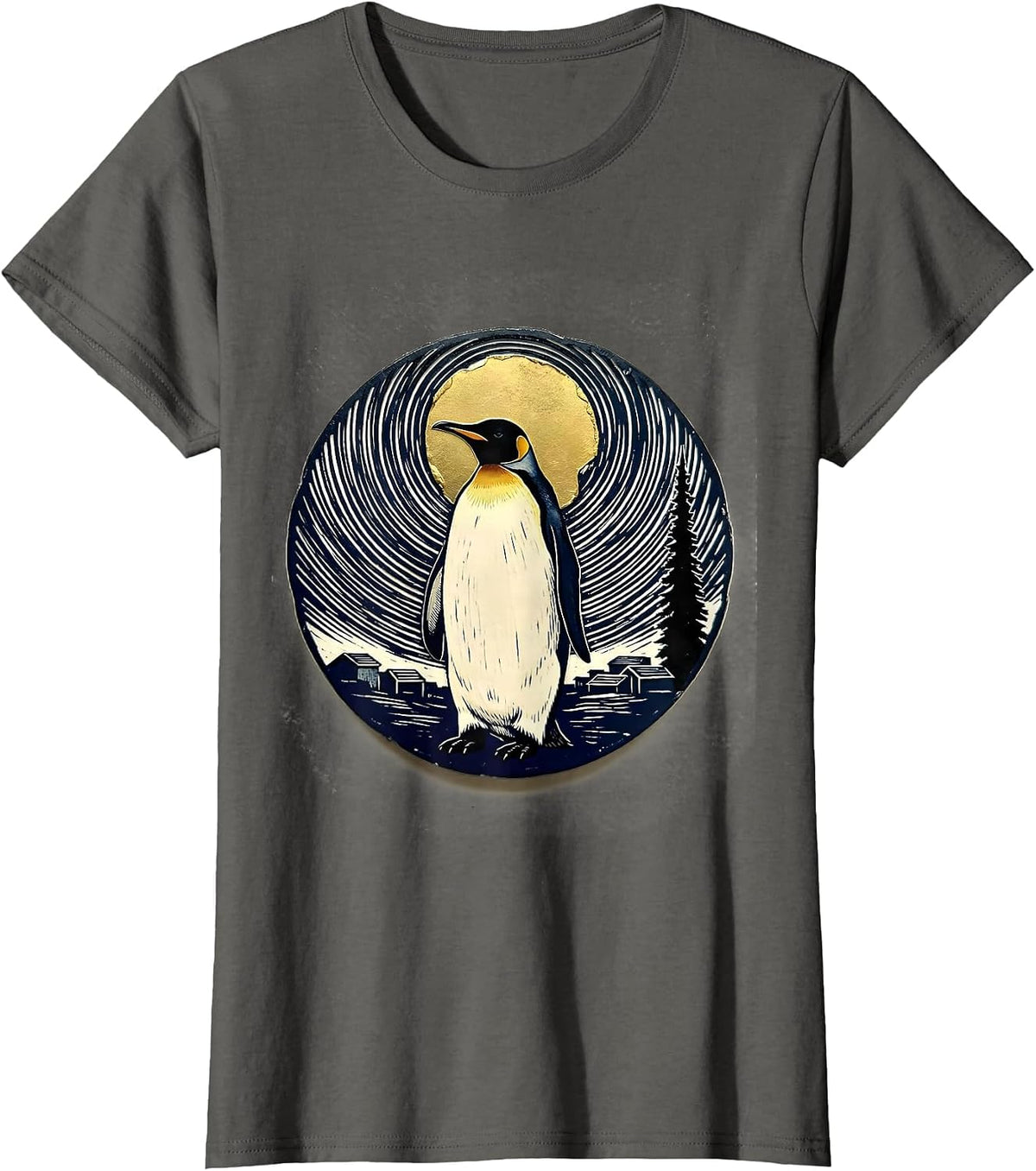Women's Penguin Starry Night Van Gogh Art Parody Animal Lover T-Shirt - Asphalt Grey
