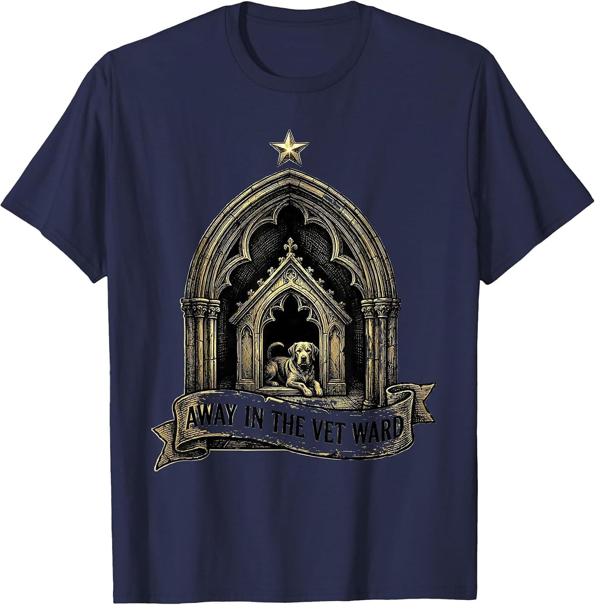 Men's Away In The Vet Ward Gothic Veterinary Tech Christmas Humor T-Shirt - Navy Blue