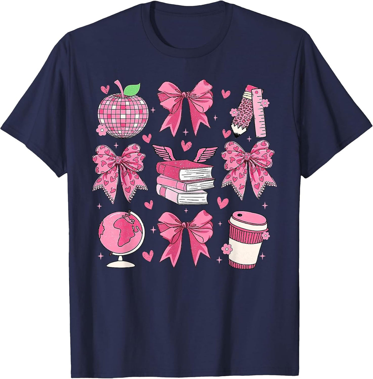 Coquette Pink Bow Apple Teacher Appreciation Valentine Day T-Shirt - Navy Blue