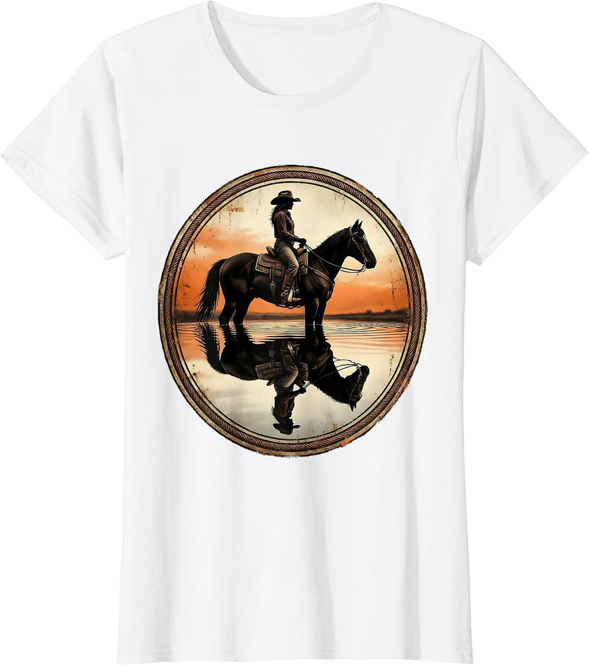 Rodeo Horse Reflection Still Pond Graphic T-Shirt - White