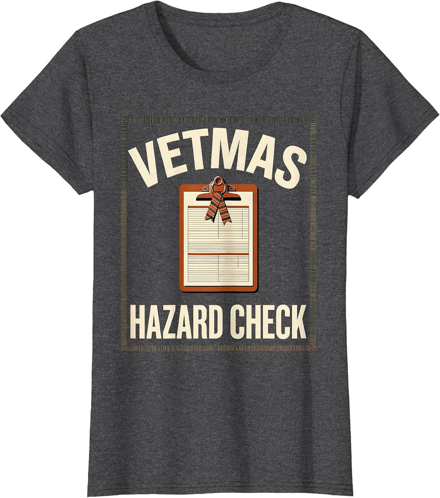 Women's Vetmas Hazard Check Funny Veterinarian Christmas Vet Tech T-Shirt - Dark Heather Grey