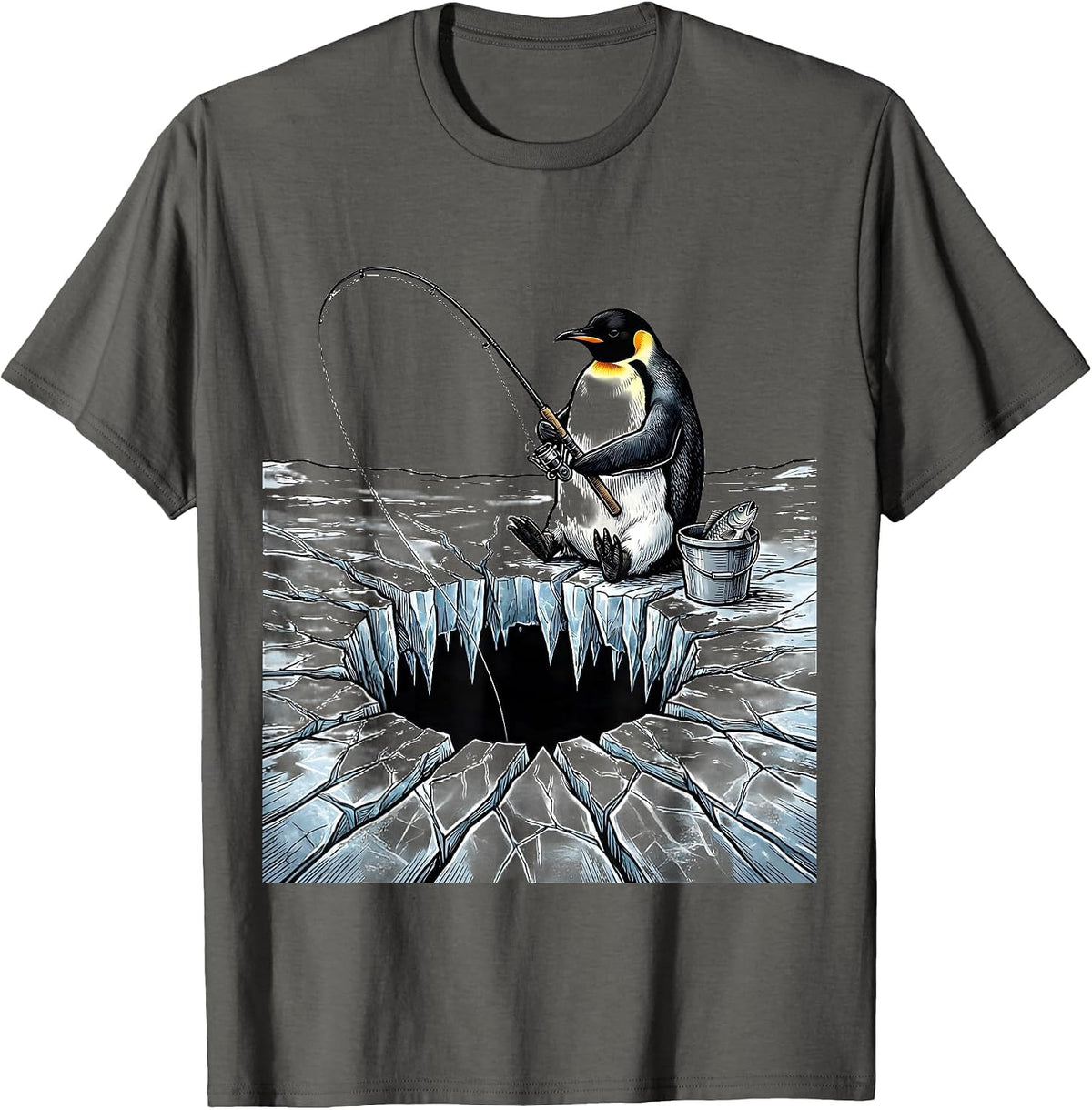 Penguin Ice Fishing Illustration Graphic T-Shirt - Asphalt Grey
