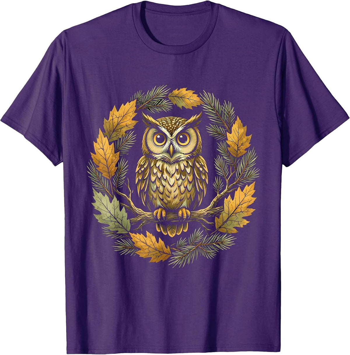 Owl on Branch Foggy Forest Cozy Season Design T-Shirt - Purple