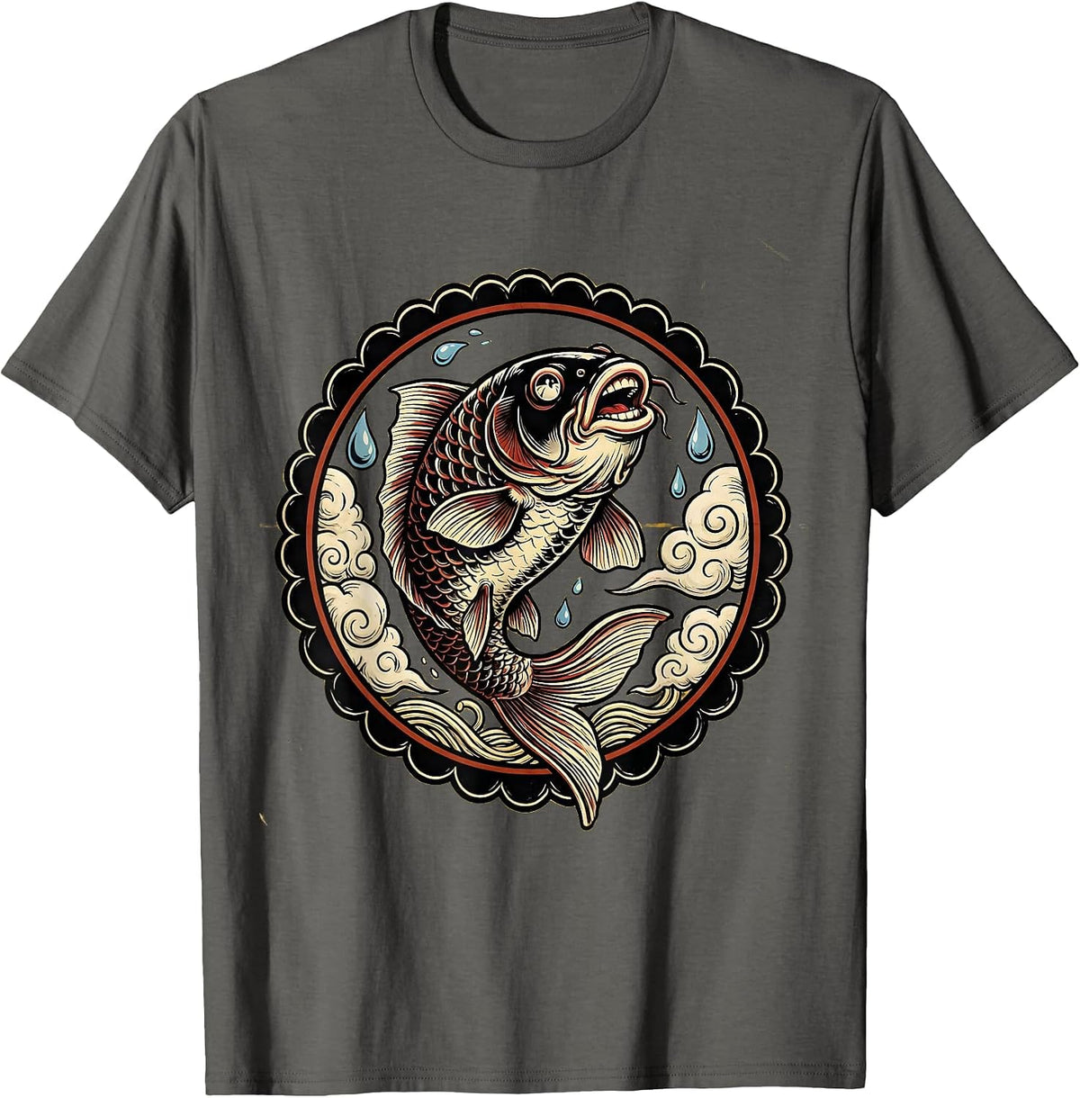 Giant Koi Fish Leaping Through Storm Clouds Anime T-Shirt - Asphalt Grey