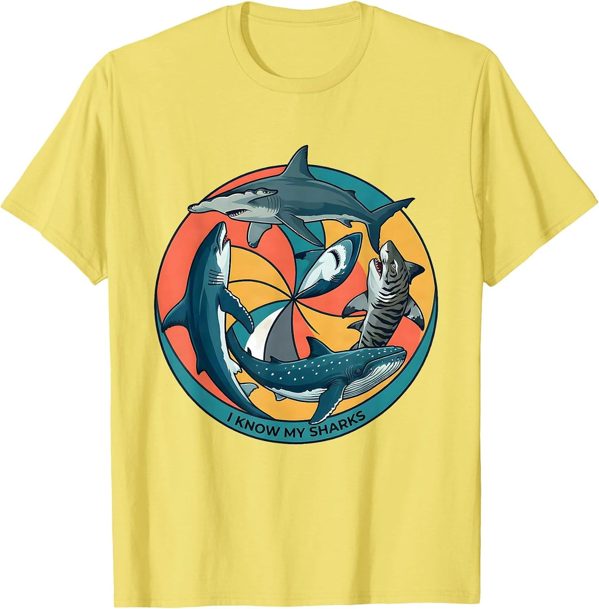 Men's I Know My Sharks Funny Shark Lover Ocean Wildlife Humor T-Shirt - Lemon Yellow