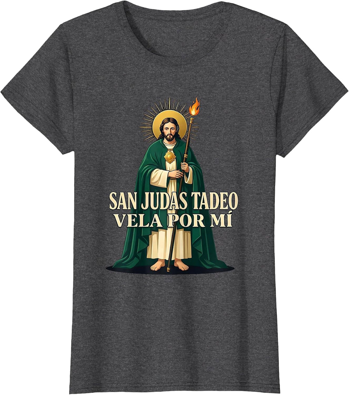 Women's San Judas Tadeo Vela Por Mí Faith Spanish Catholic T-Shirt - Dark Heather Grey