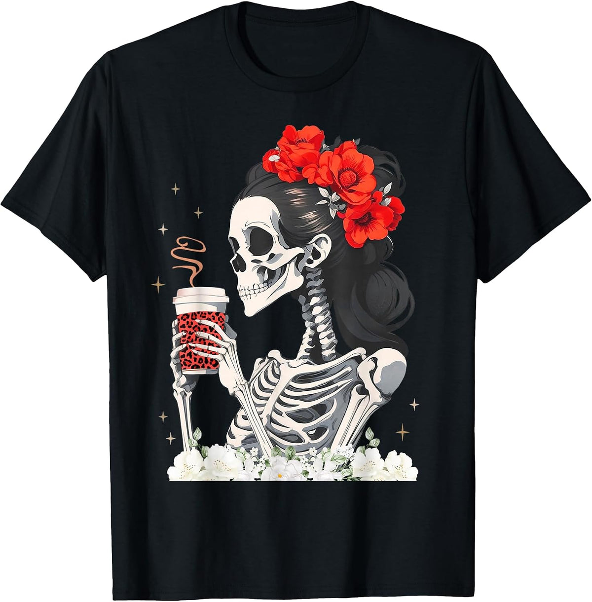 Skeleton Messy Bun Coffee Funny Costume Mom Women T-Shirt - Black