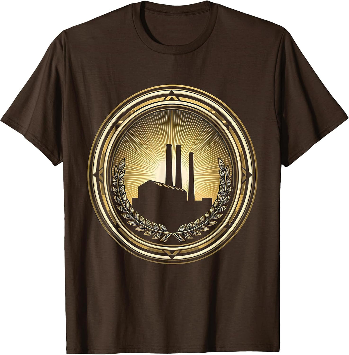 Labor Day Factory Smokestack Golden Sunrise T-Shirt - Brown