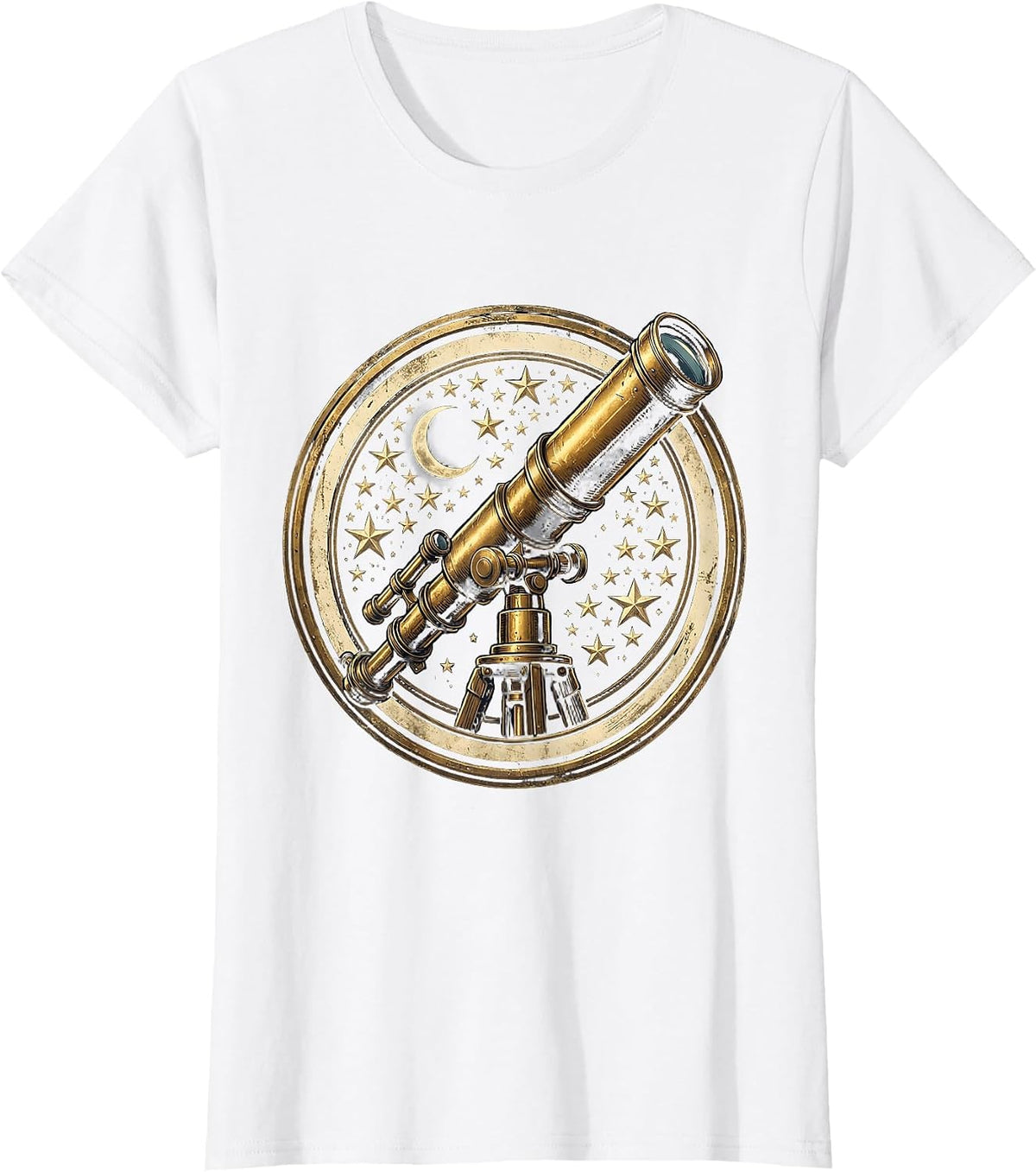 College Stargazing Telescope Night Sky Illustration T-Shirt - White