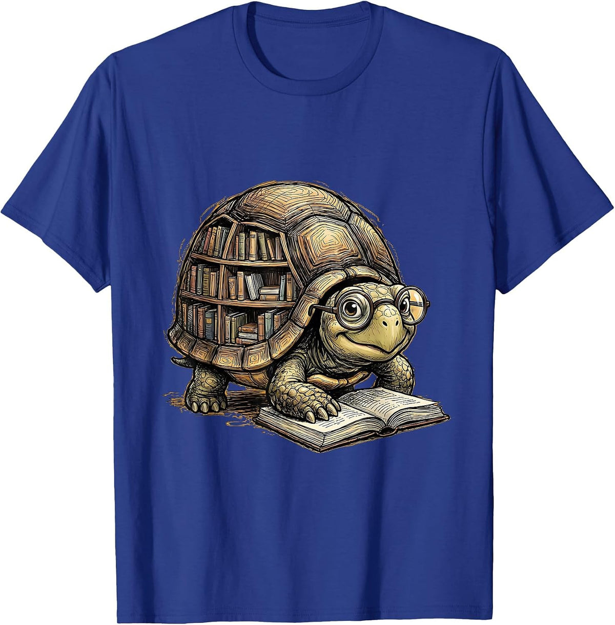 Men's Cute Turtle Bookshelf Shell Reading Glasses Teacher T-Shirt - Royal Blue