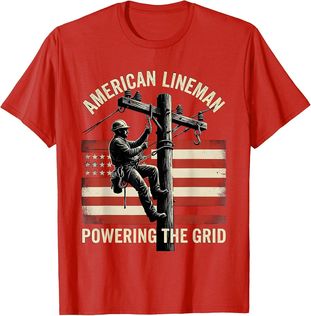 Men's American Lineman Powering the Grid Distressed Electrician T-Shirt - Red