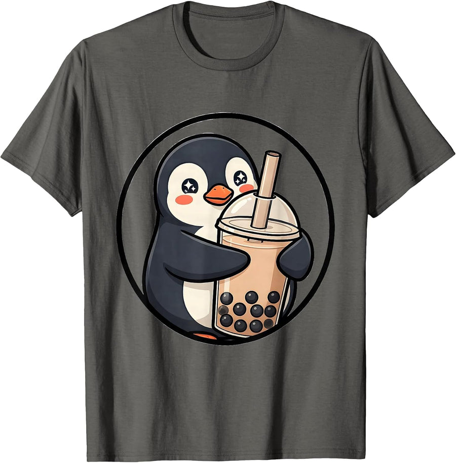 Penguin Boba Cup Kawaii Anime Bubble Tea Lover T-Shirt - Asphalt Grey